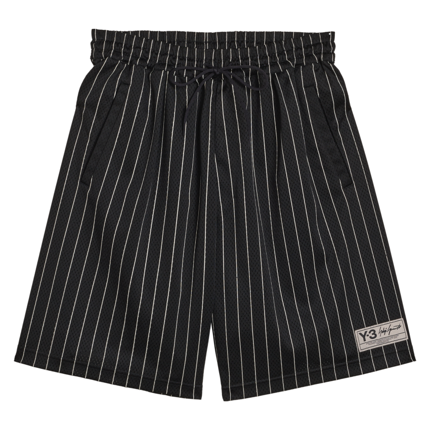 Black pinstripe shorts with a brand logo on a white background