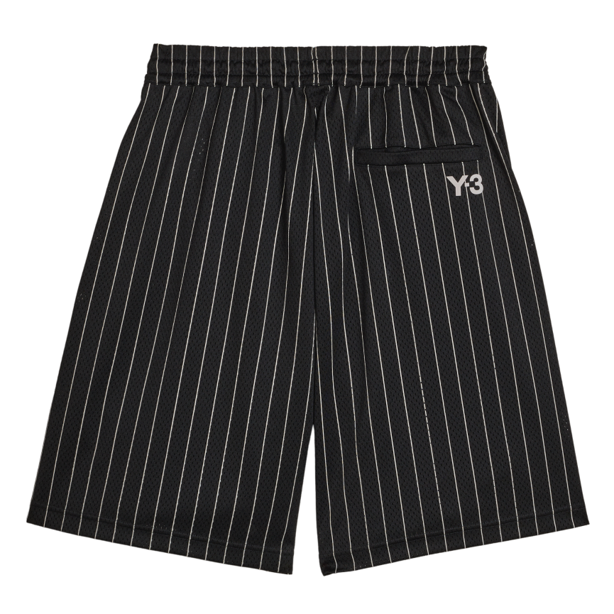 Black pinstripe shorts with a logo on a white background