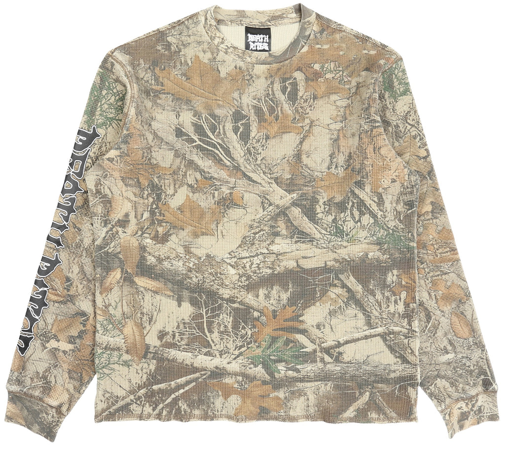 SCRIPT SLEEVE WAFFLE KNIT CREWNECK TOP TREE CAMO