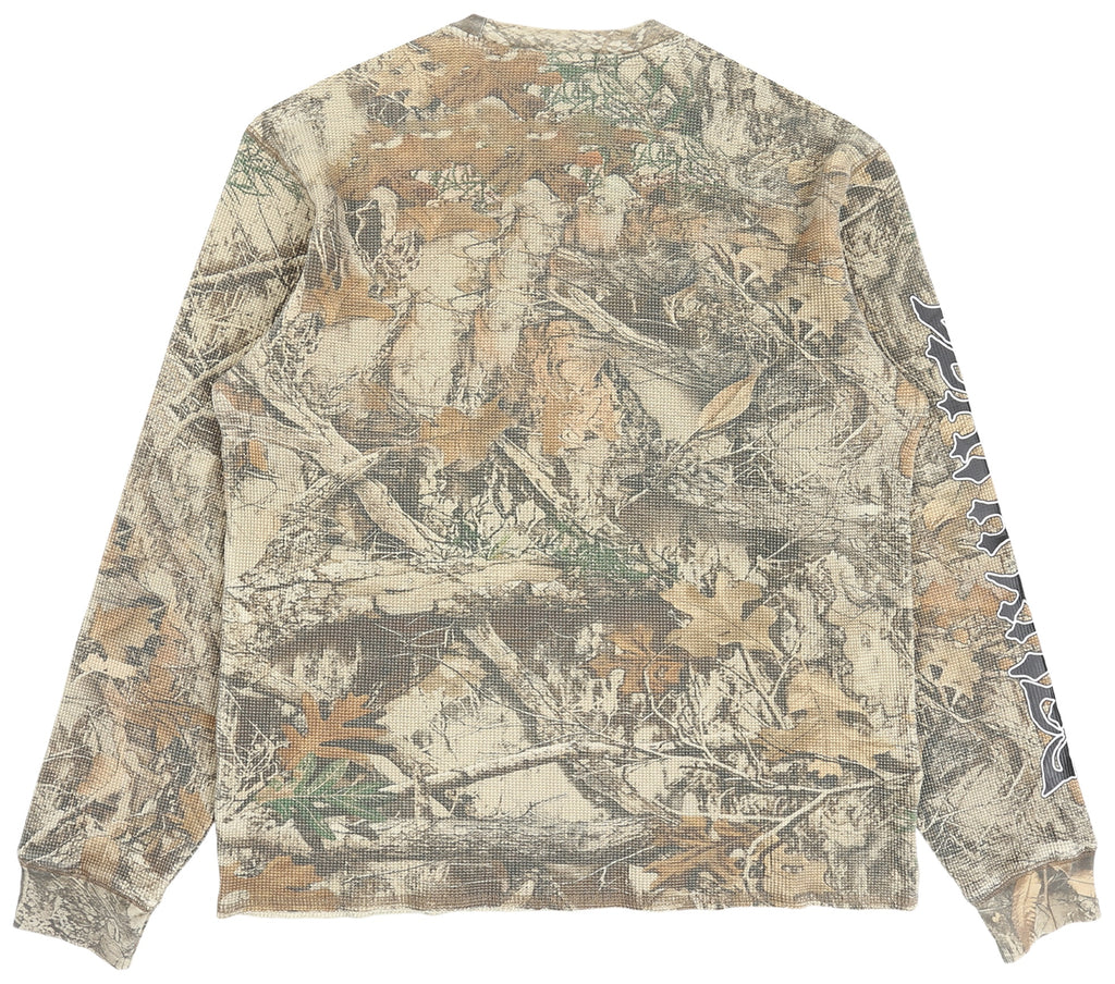 SCRIPT SLEEVE WAFFLE KNIT CREWNECK TOP TREE CAMO